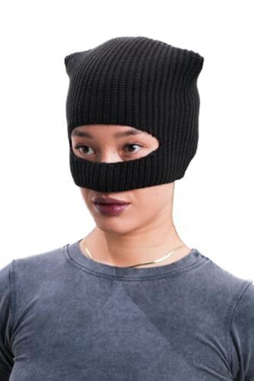 4482 Knitted Cat Ski Mask – Black Ribbed Knit Balaclava with Cat Ears